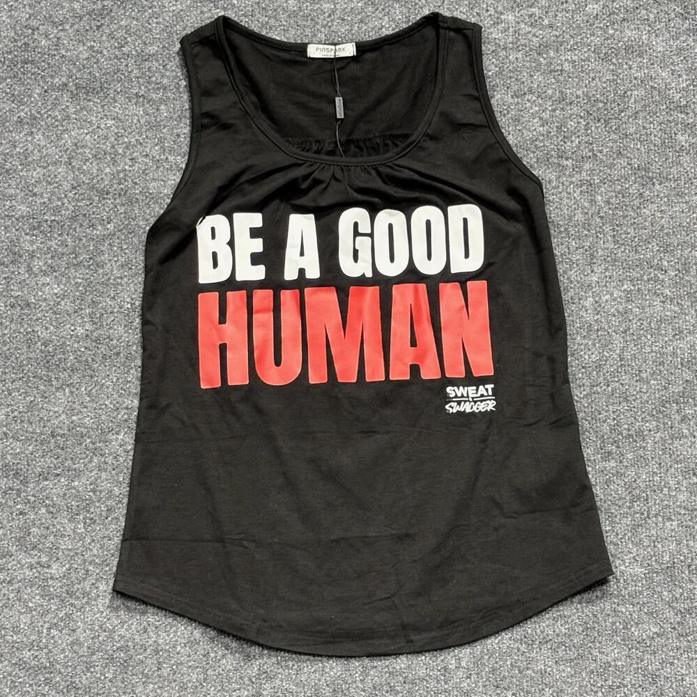 PINSPARK Tank Top Womens Small Black Be A Good Human Graphic Active Workout